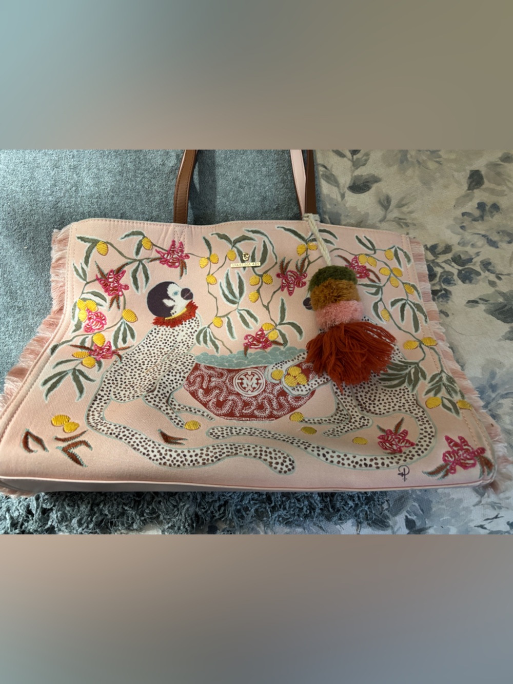 Spartina 449 Paige Gemmel Pink Embroidered Animal & Floral Tote with Pom-Pom